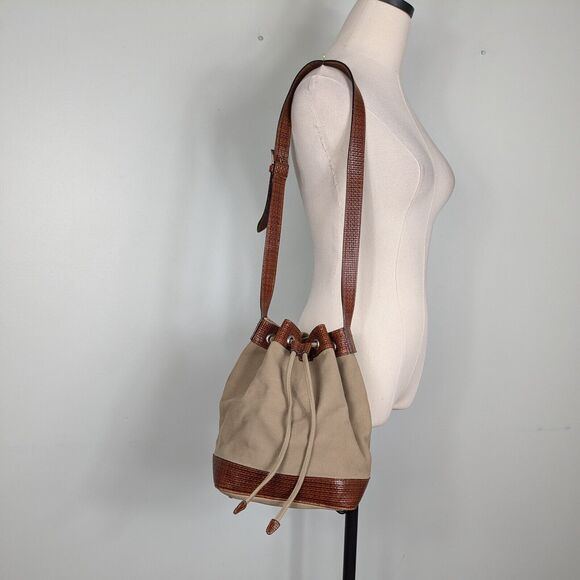 Vintage Talbots Bucket Bag Tan Brown Y2K Handbag Purse Leather Canvas Crossbody - Picture 1 of 16